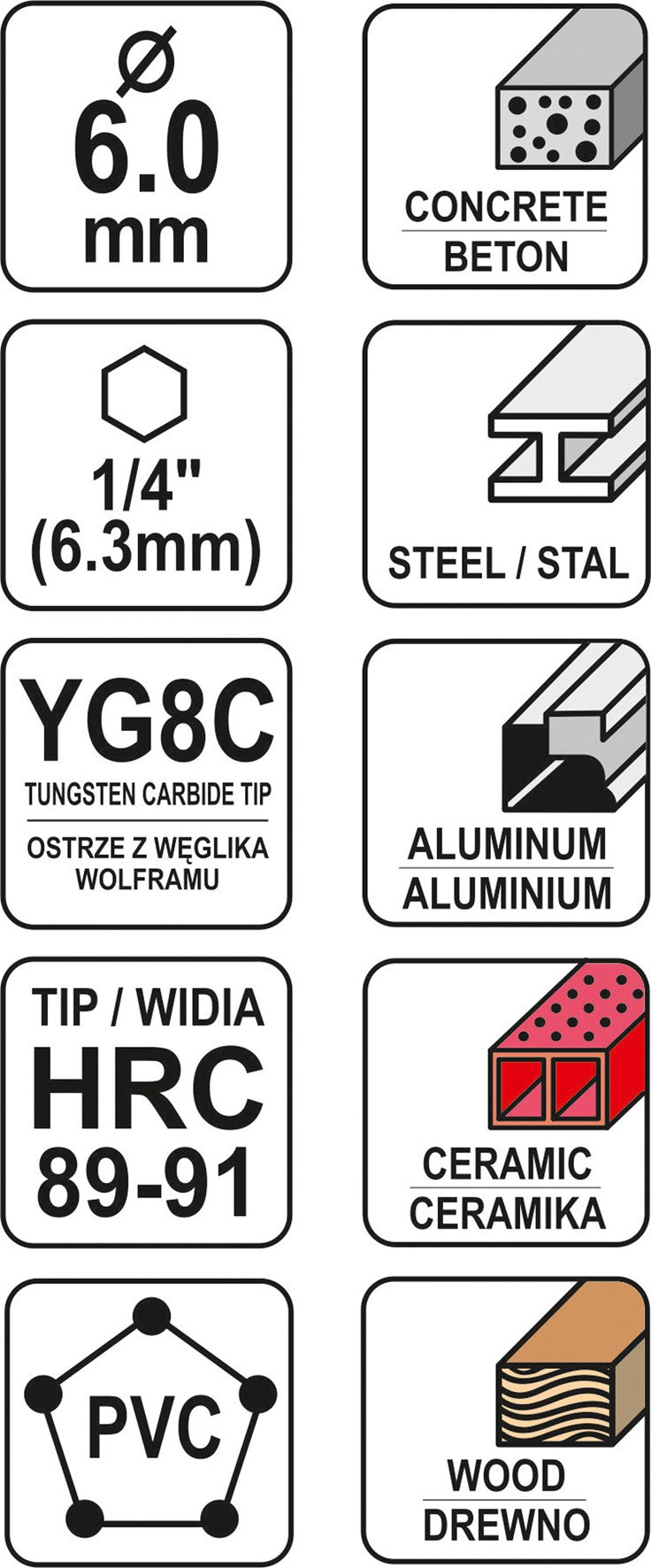 Grąžtas universalus su Hex 6.3 mm (1/4") galu | 6.0 mm (YT-44783)