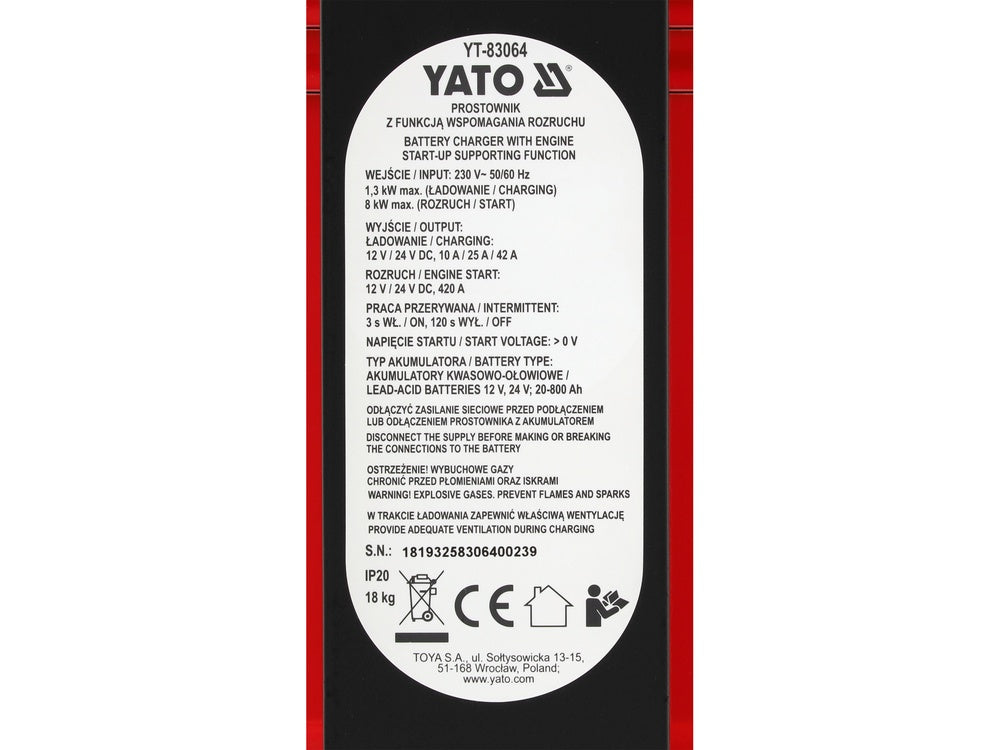 Įkroviklis su paleidėju | 12/24V | 20-800A (YT-83064)