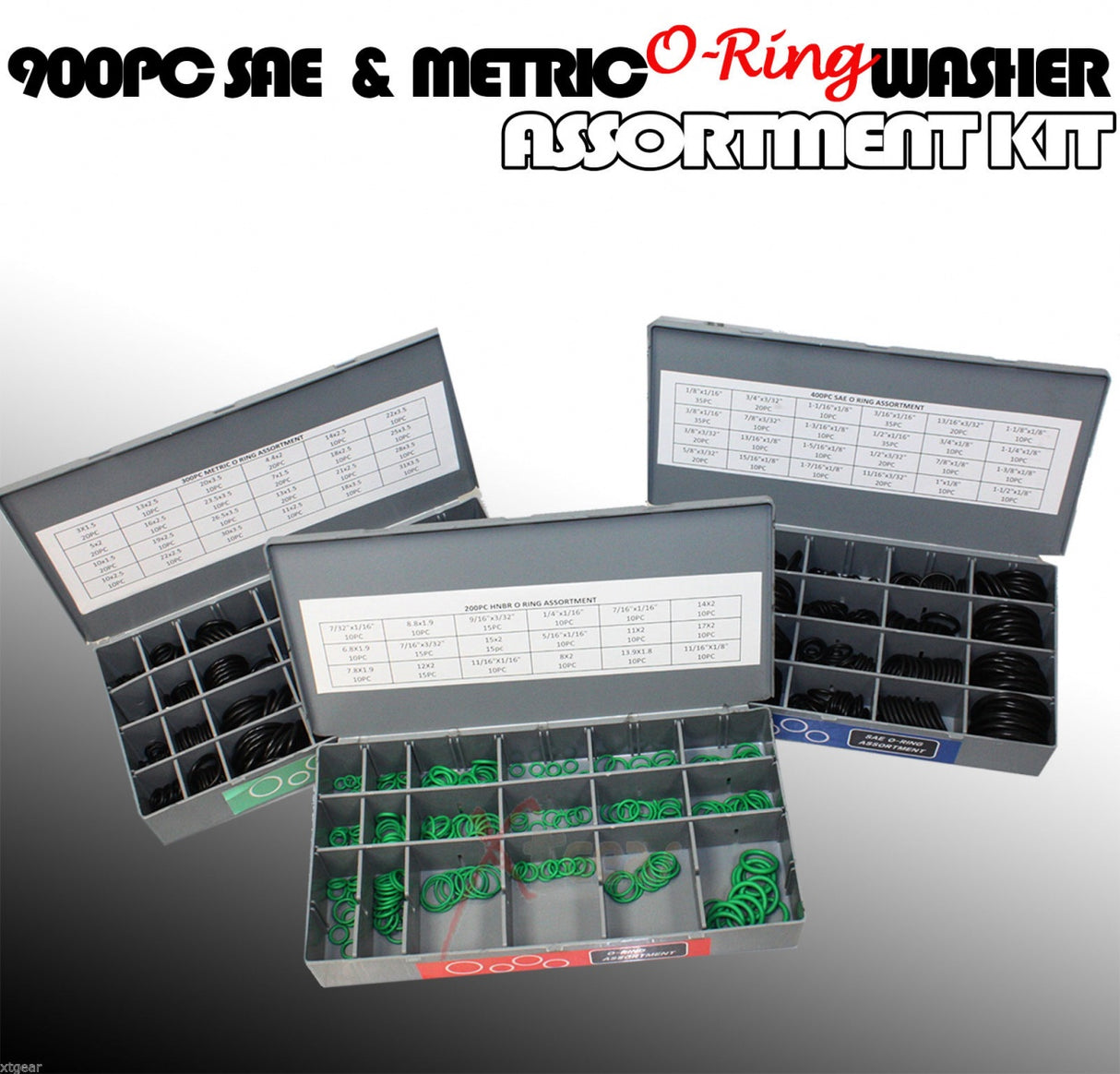 Įvairių guminių tarpinių-manžetų rinkinys su stovu (metrinės, colinės, žalios) 900 vnt (8045-900)