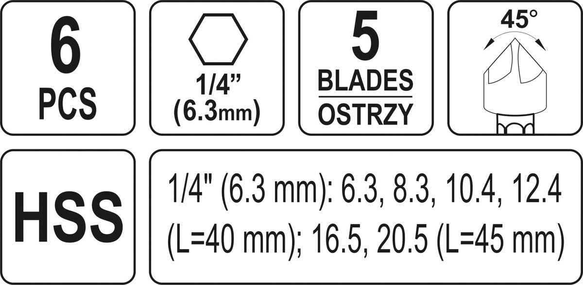 Frezų/grąžtų metalui rinkinys | HSS | Hex 6,3 mm (1/4") | 6.3 - 20.5 mm (YT-44729)