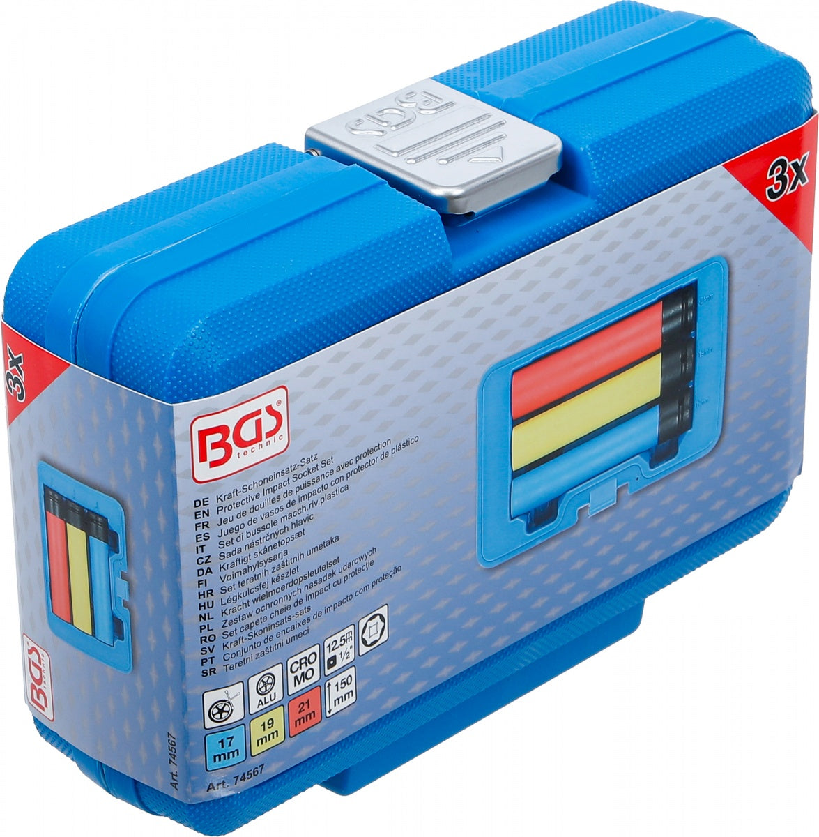 Smūginių ilgų galvučių rinkinys | su apsaugom | 12,5 mm (1/2") | 150 mm | 17/19/21 mm | 3 vnt (74567)