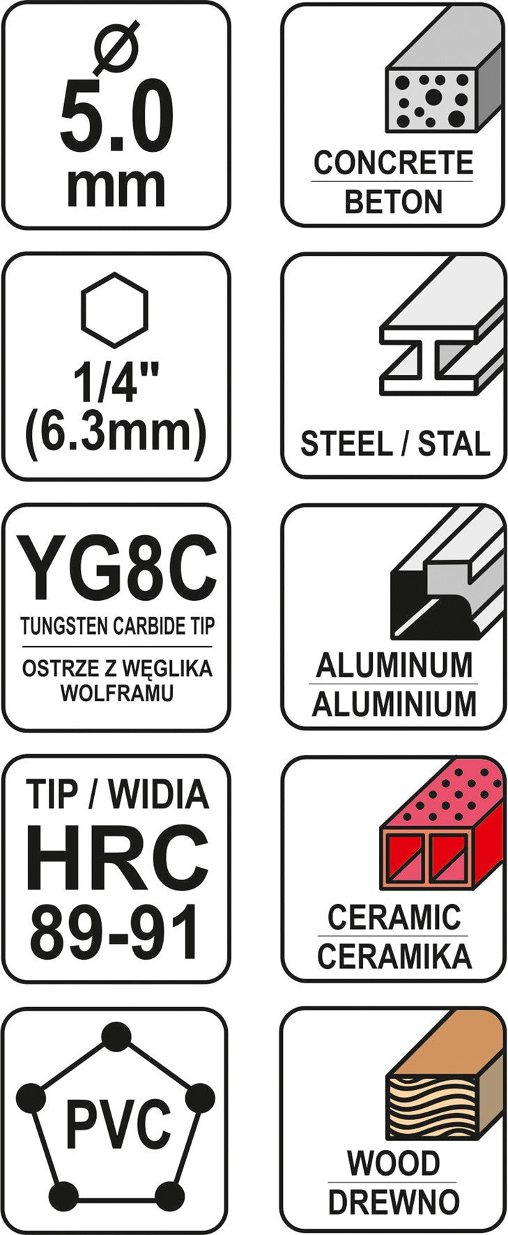 Grąžtas universalus su Hex 6.3 mm (1/4") galu | 5.0 mm (YT-44782)