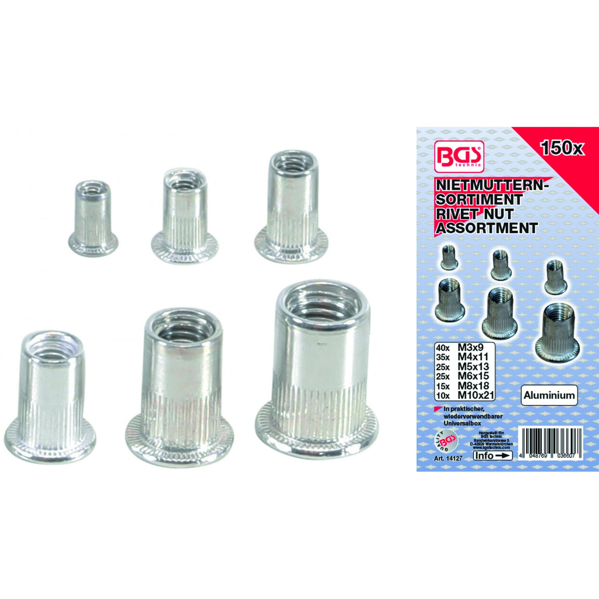 Srieginių kniedžių galvučių asortimentas | aliuminis | 150 vnt. (14127)