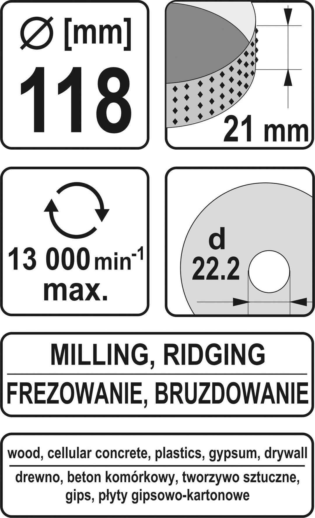 Diskas / freza medžiui | 118 mm / 21 mm (YT-59176)