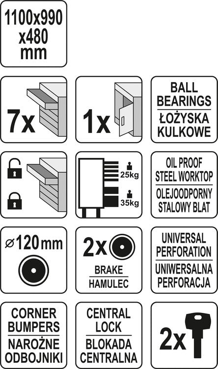 Įrankių spintelė ant ratukų | 7 stalčiai / 1 durelės (YT-09033)
