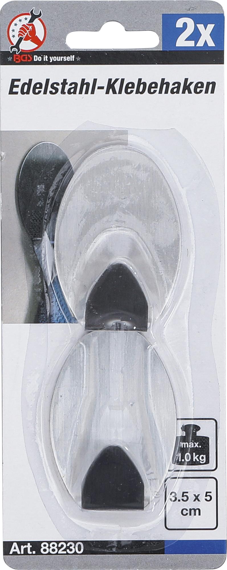 Nerūdijančio plieno klijuojami kabliukai | 35 x 50 mm | 1,0 kg | 2 vnt. (88230)