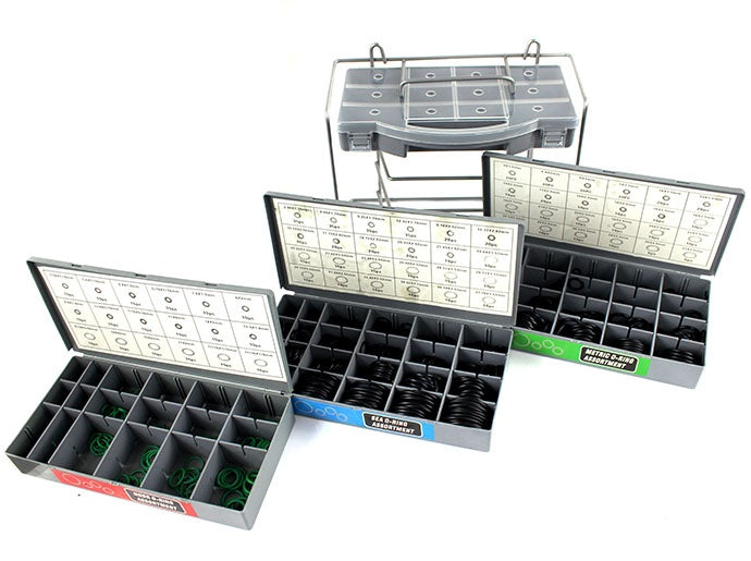 Įvairių guminių tarpinių-manžetų rinkinys su stovu (metrinės, colinės, žalios) 900 vnt (8045-900)