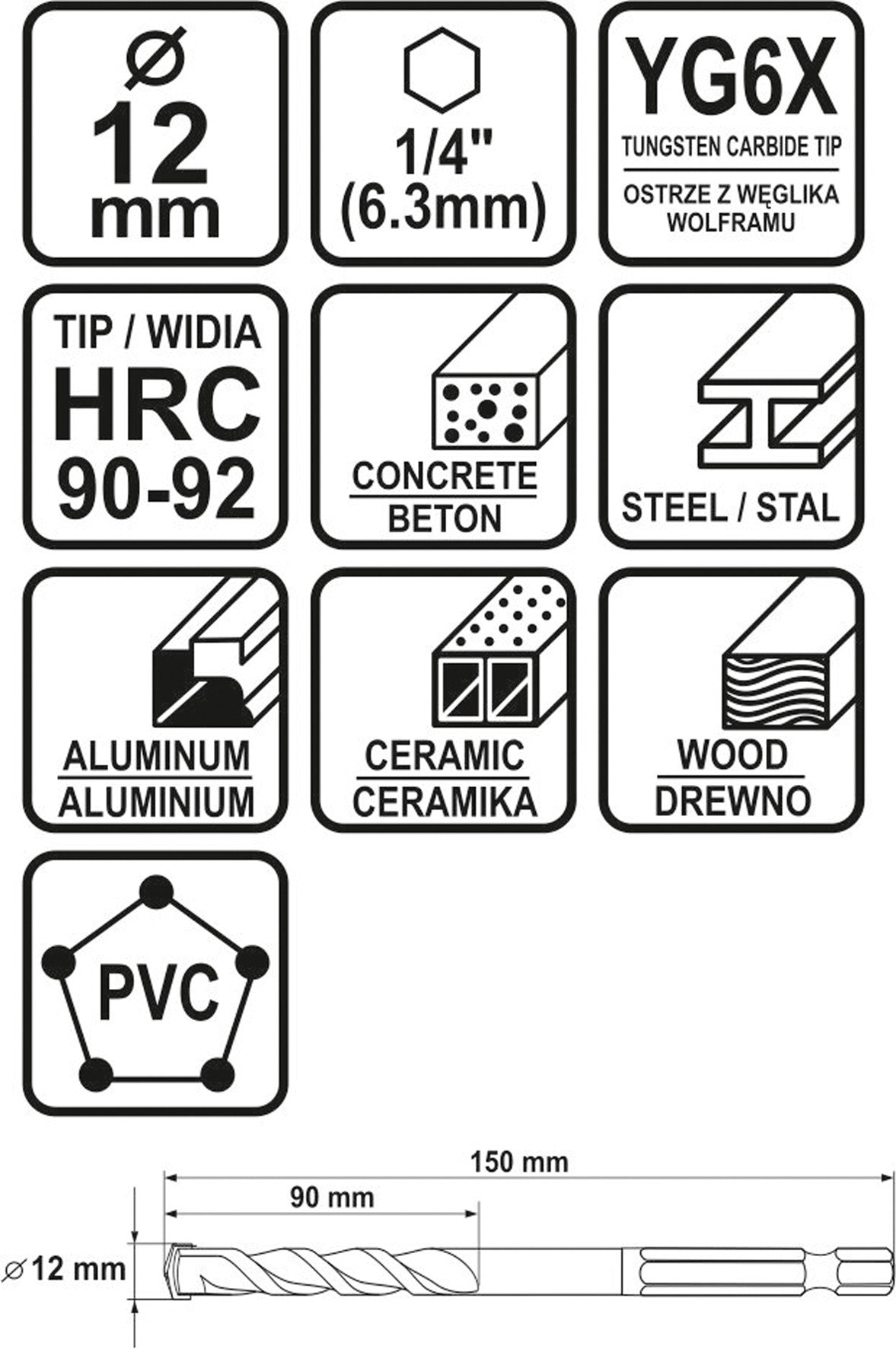 Grąžtas universalus su Hex 6.3 mm (1/4") galu | 12.0 mm (21692)