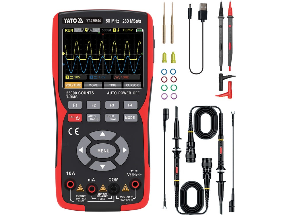 2 kanalų 50 MHz osciloskopas su multimetru ir signalų generatoriumi | 280 MSa/s, TRUE RMS (YT-730944)