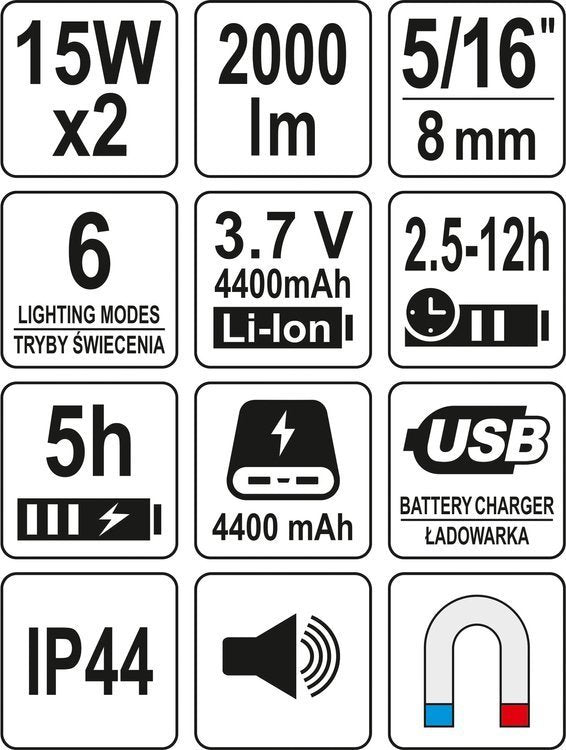 Perkeliamas žibintas su garsiakalbiu | 2X15W | 2000LM, LI-ION 3.7V 4400MAH, bluetooth POWERBANK (YT-81808)