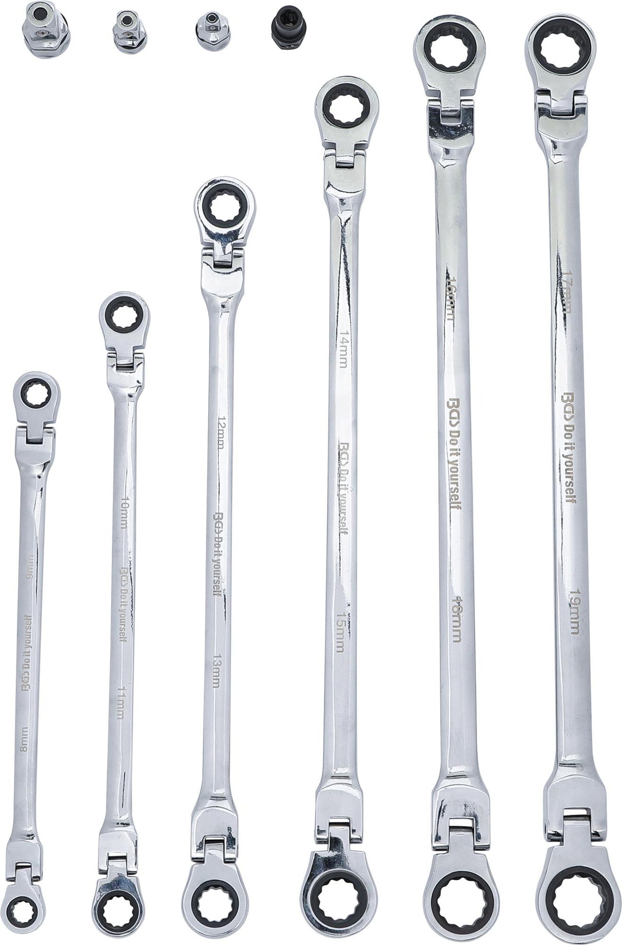 Terkšliniai dvipusiai ilgi raktai | šarnyriniai | su adapteriais | 8x9 - 17x19 mm | 10 vnt. (91541)