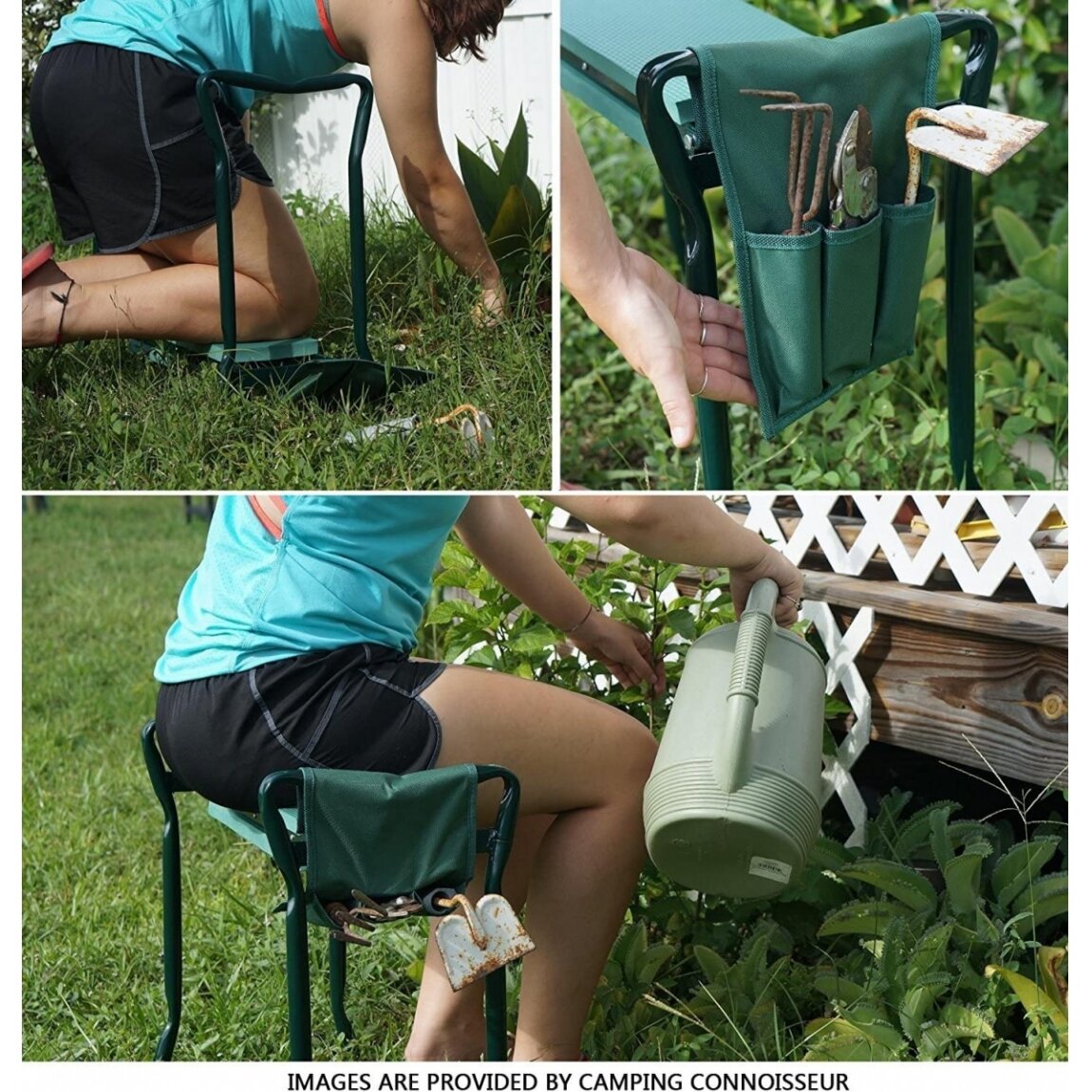 Sulankstomas sodo suoliukas ir kelių apsauga su įrankių krepšiu | 2 viename (ST-1)