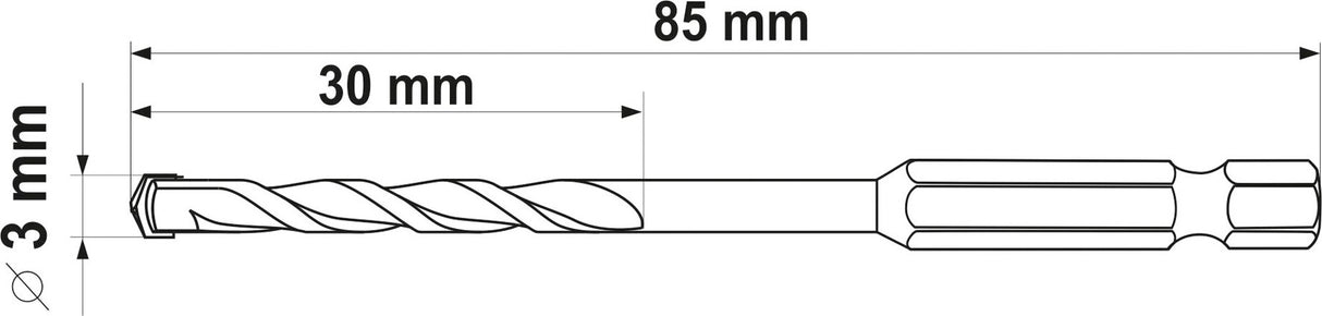 Grąžtas universalus su Hex 6.3 mm (1/4") galu | 3.0 mm (YT-44780)