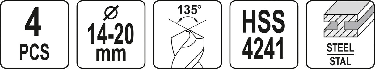 Grąžtų metalui rinkinys | 14 - 16 - 18 - 20 mm | 4 vnt. (YT-44625)