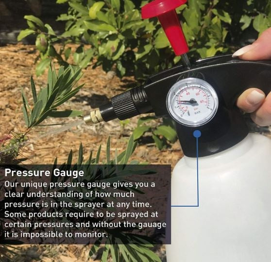 Rankinis purkštuvas su manometru | vožtuvas | plieninė pompa | 2 L (PS02G)