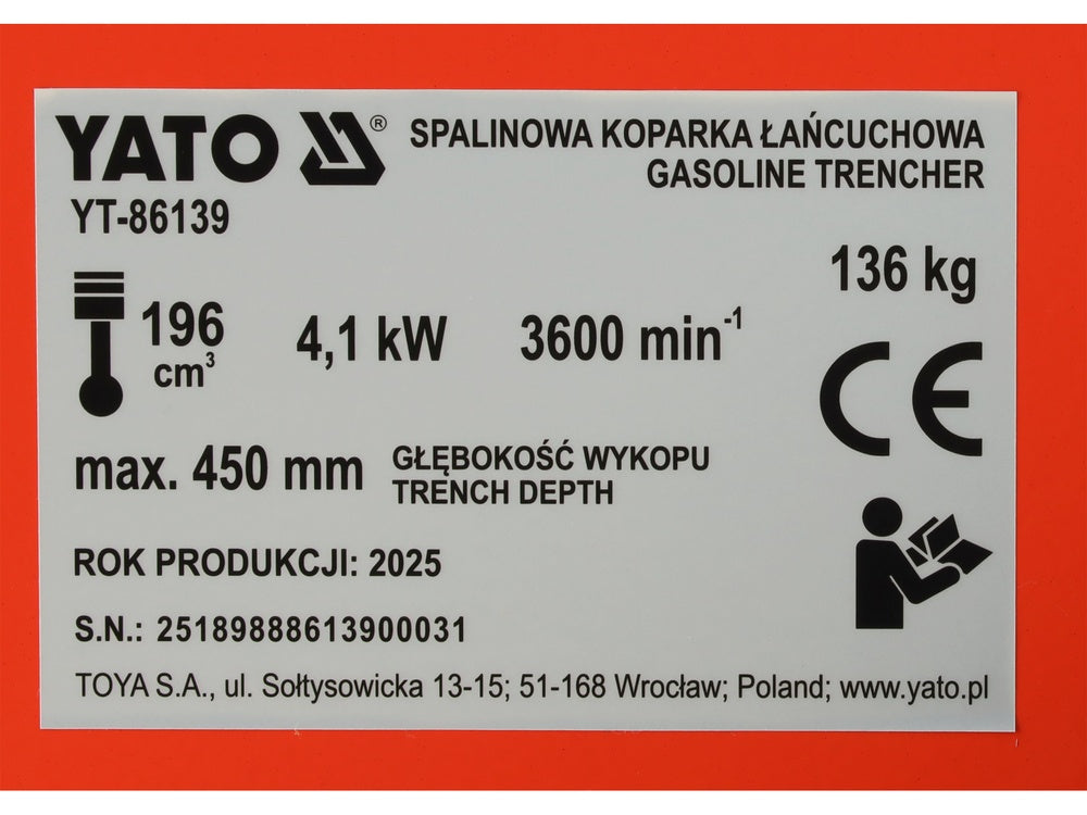 Benzinininis grandininis ekskavatorius tranšėjoms kasti | 196 CM3 | 450 mm (YT-86139)