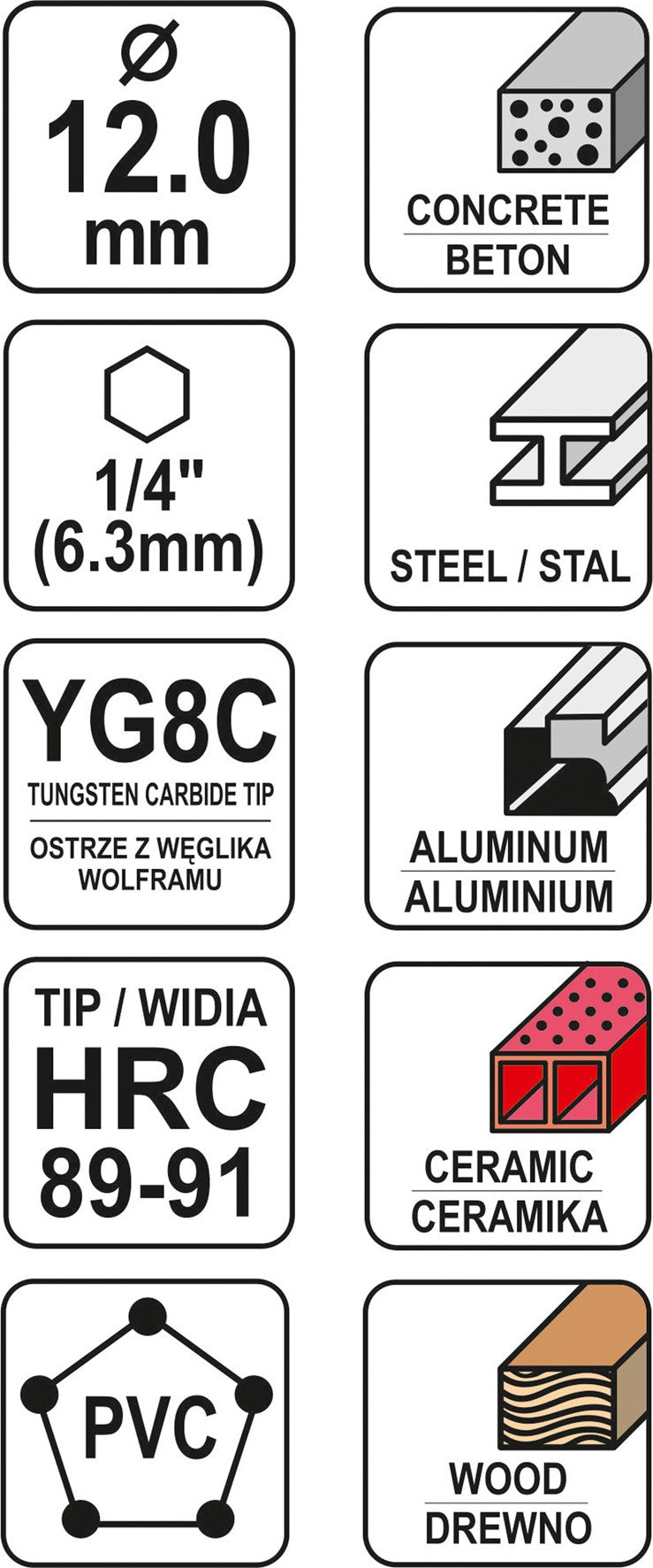 Grąžtas universalus su Hex 6.3 mm (1/4") galu | 12.0 mm (YT-44787)