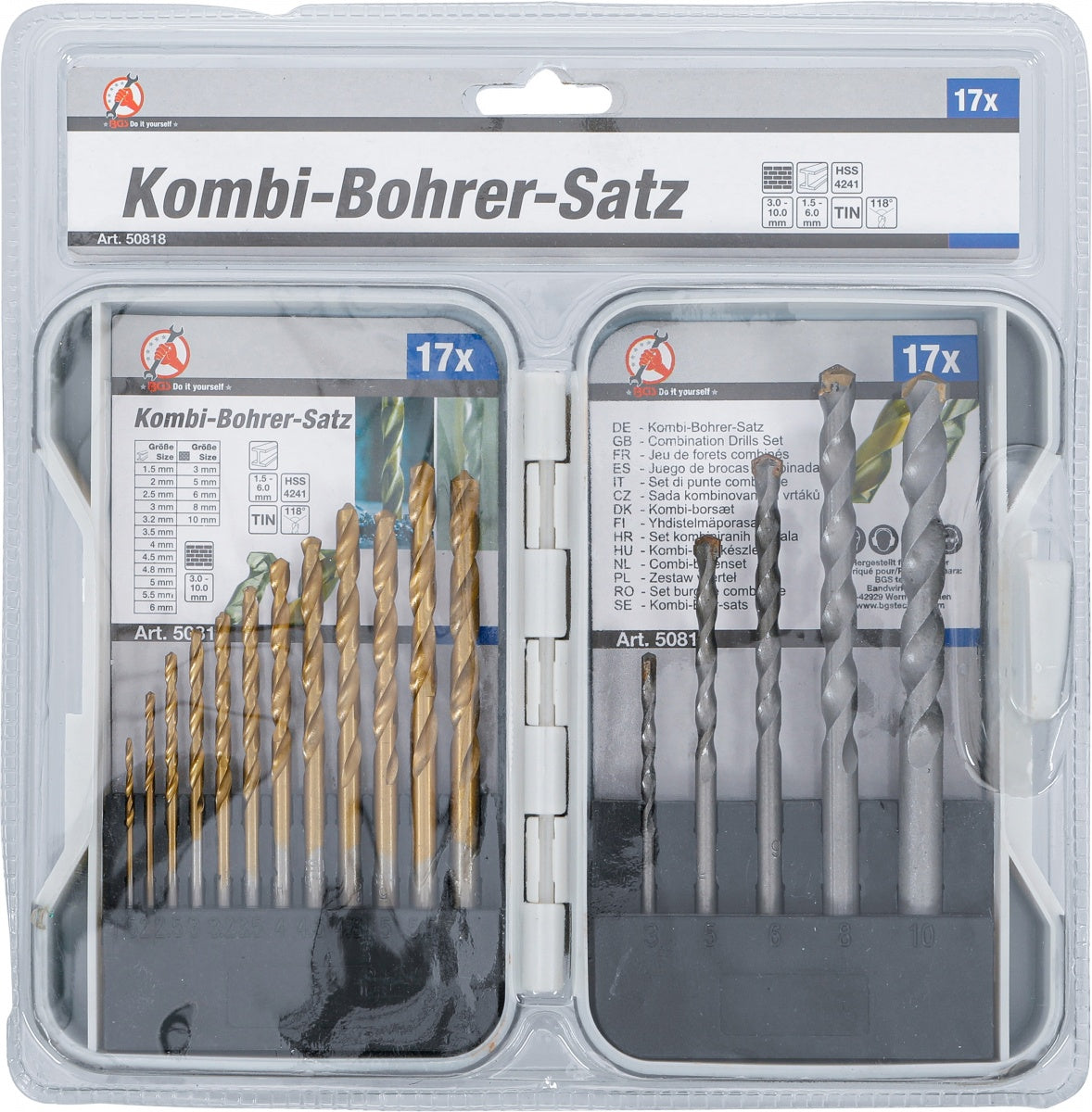Kombinuotų grąžtų rinkinys | 1,5 - 10 mm | 17 vnt. (50818)