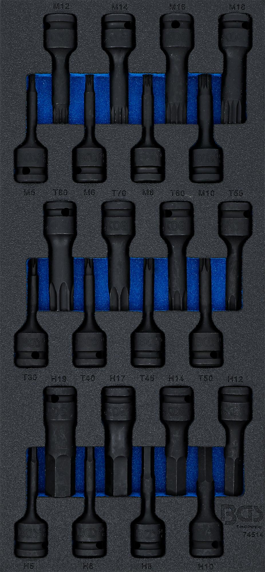 Smūginių antgalių rinkinys | torx/hex/spline | 12,5 mm (1/2") | su dėklu | 24 vnt. (74514)