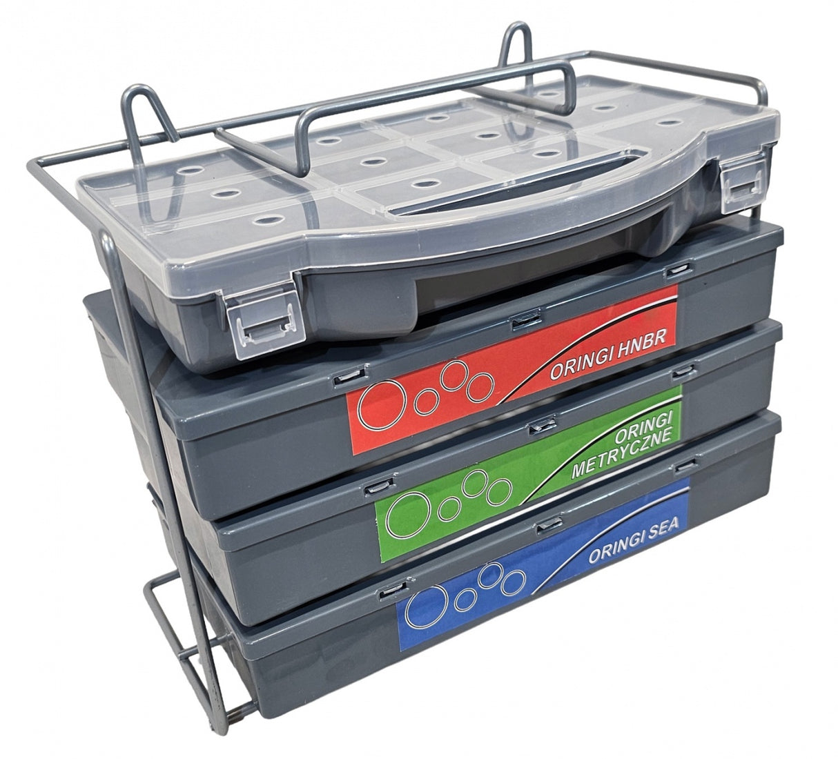 Įvairių guminių tarpinių-manžetų rinkinys su stovu (metrinės, colinės, žalios) 900 vnt (8045-900)