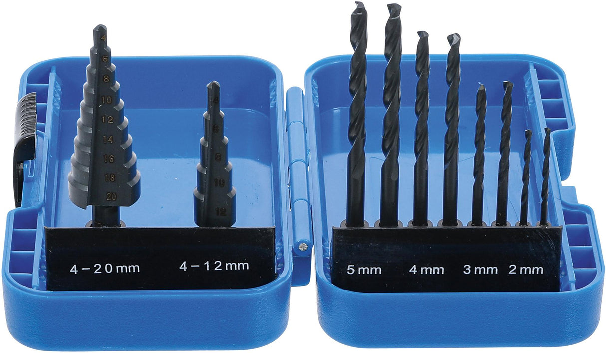 Pakopinių grąžtų ir grąžtų metalui komplektas | Ø 4 - 12/4 - 20 mm | 2 - 5 mm | 10 vnt. (1686)