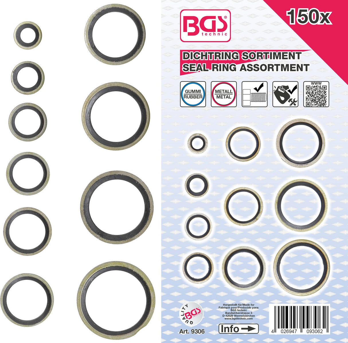 Sandarinimo žiedų asortimentas | metalas | su guminiu sandarikliu | 150 vnt. (9306)