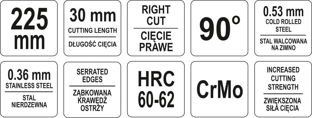 Žirklės skardai kampinės | 90° / dešininės | 225 mm (YT-1914)