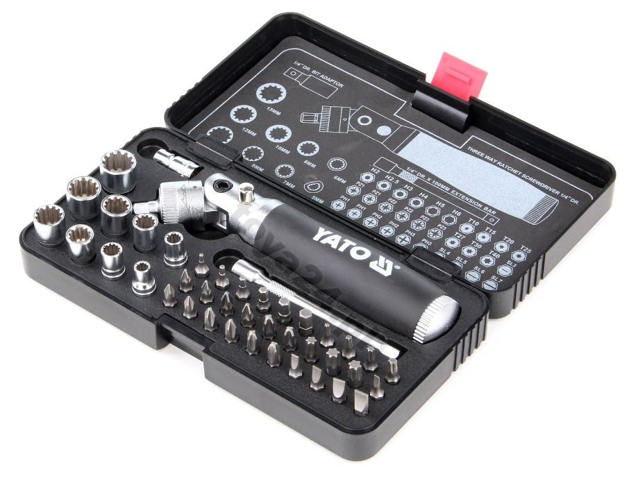 Antgalių ir galvučių rinkinys su terkšliniu šarnyriniu reversiniu atsuktuvu | 42 vnt. (YT-2806)