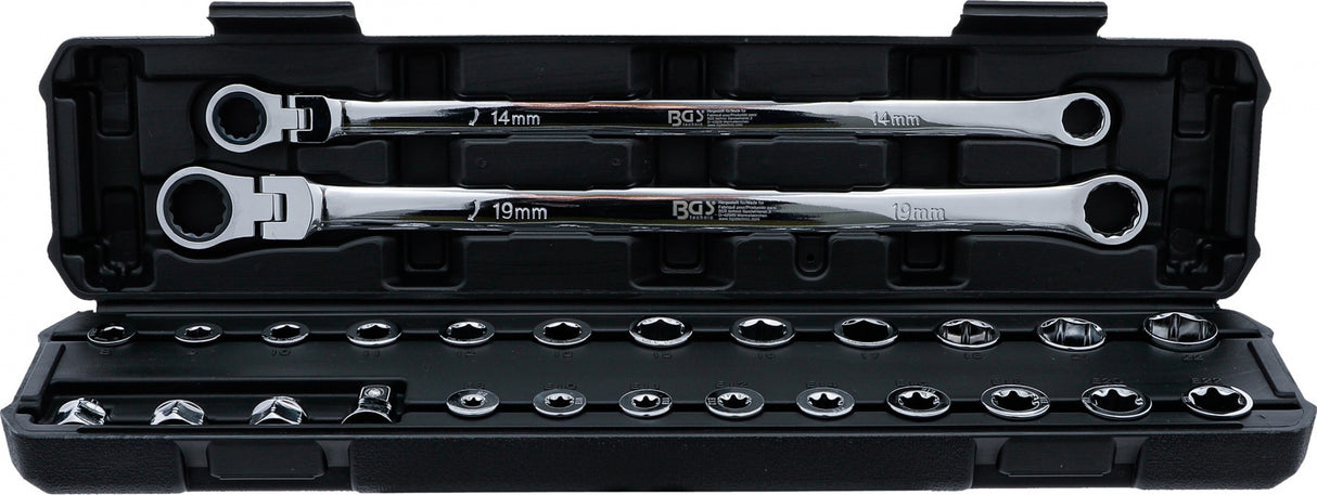 Dvigubo žiedo ir lanksčios galvutės terkšlinių veržliarakčių rinkinys | ilgi | 27 vnt. (74274)