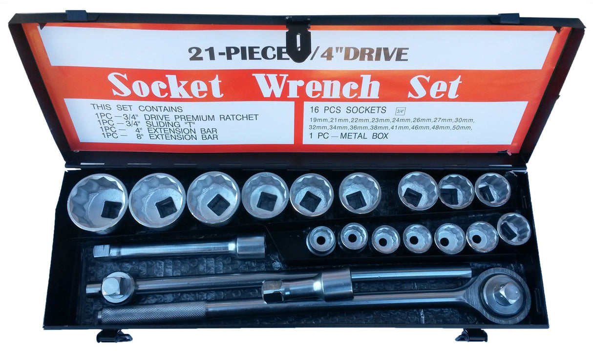 Galvučių komplektas 12 kampų | metalinė dėžė | 20 mm (3/4") | 21 vnt. (SK780577)