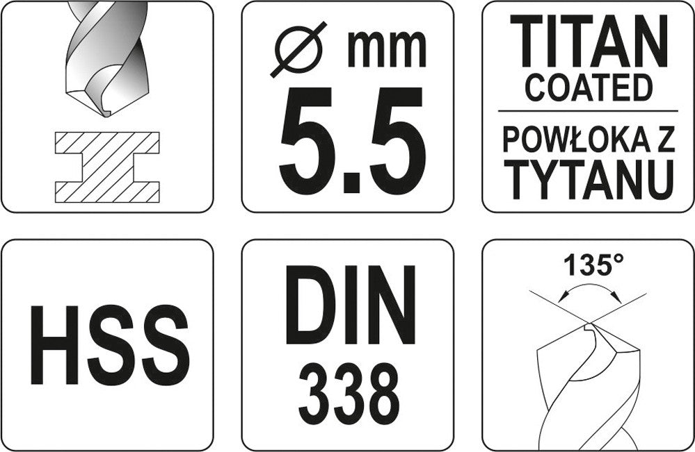 TWIST DRILL BIT HSS-TIN 5,5 MM (YT-44653)