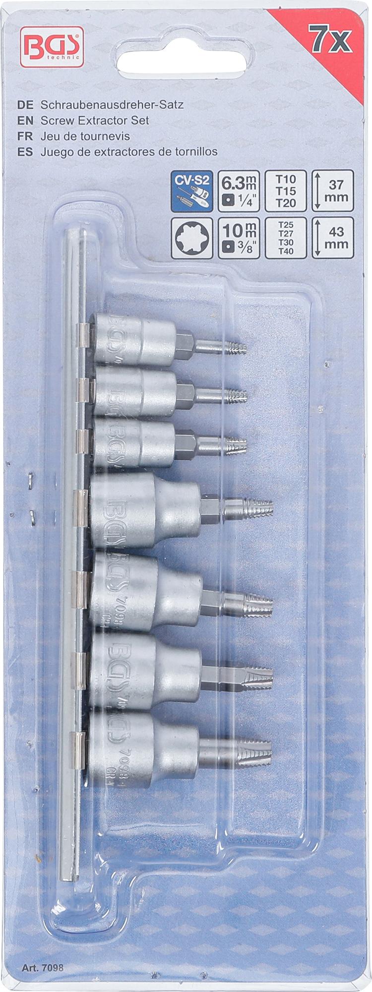 Sraigtiniai ištraukikliai | | 6,3 mm (1/4") / 10 mm (3/8") | pažeistam T-Star (Torx) T10 - T40 | 7 vnt. (7098)