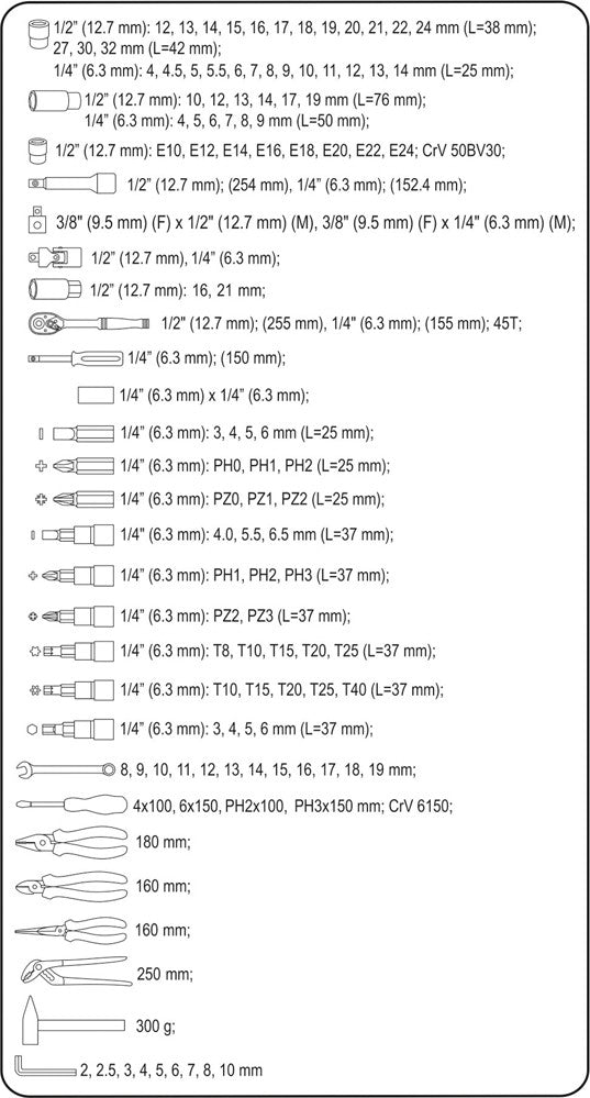 Galvučių, replių, raktų ir kitų įrankių XXL komplektas | 122 vnt. (58690)