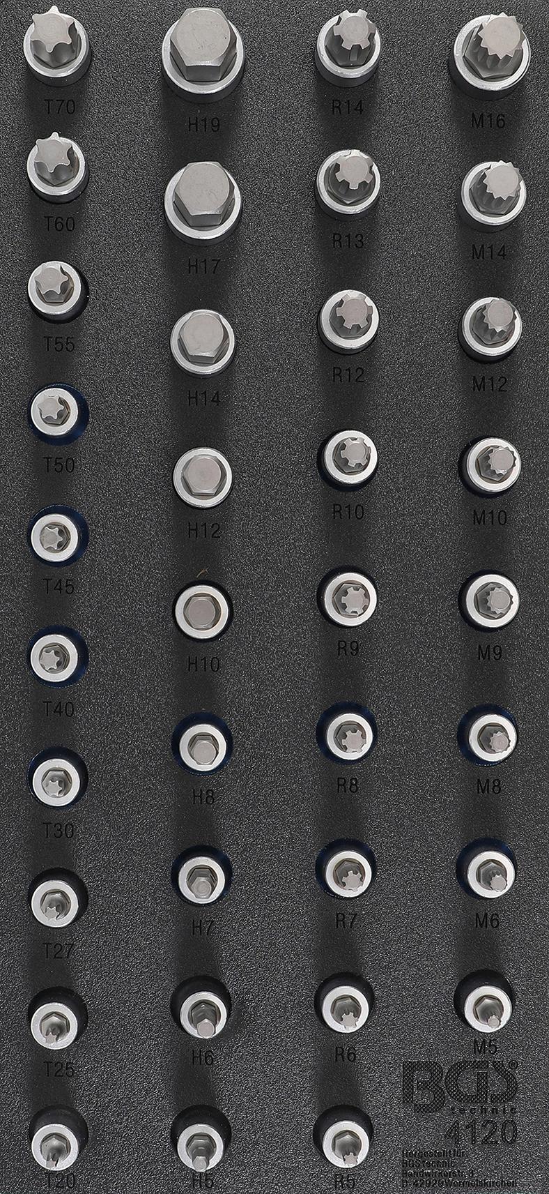 Įrankių dėklas 1/3: Įpresuotų antgalių rinkinys| 12,5 mm (1/2") | Hex šešiakampis, T-Star (Torx), Spline (XZN), Spline (RIBE) | 36 vnt. (4120)
