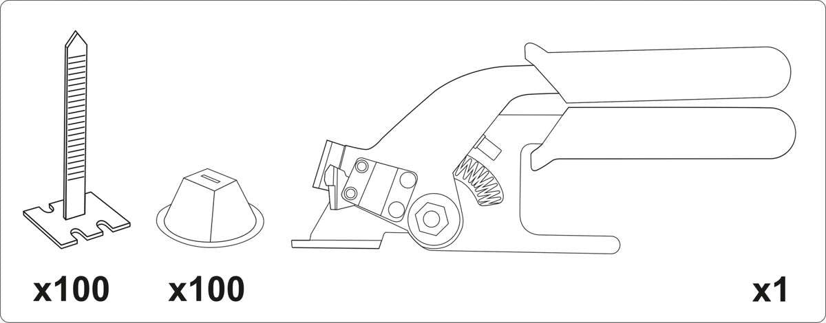Plytelių išlyginimo rinkinys | Juostos x 100vnt / puodeliai x 100vnt / replės x1 vnt (04680)
