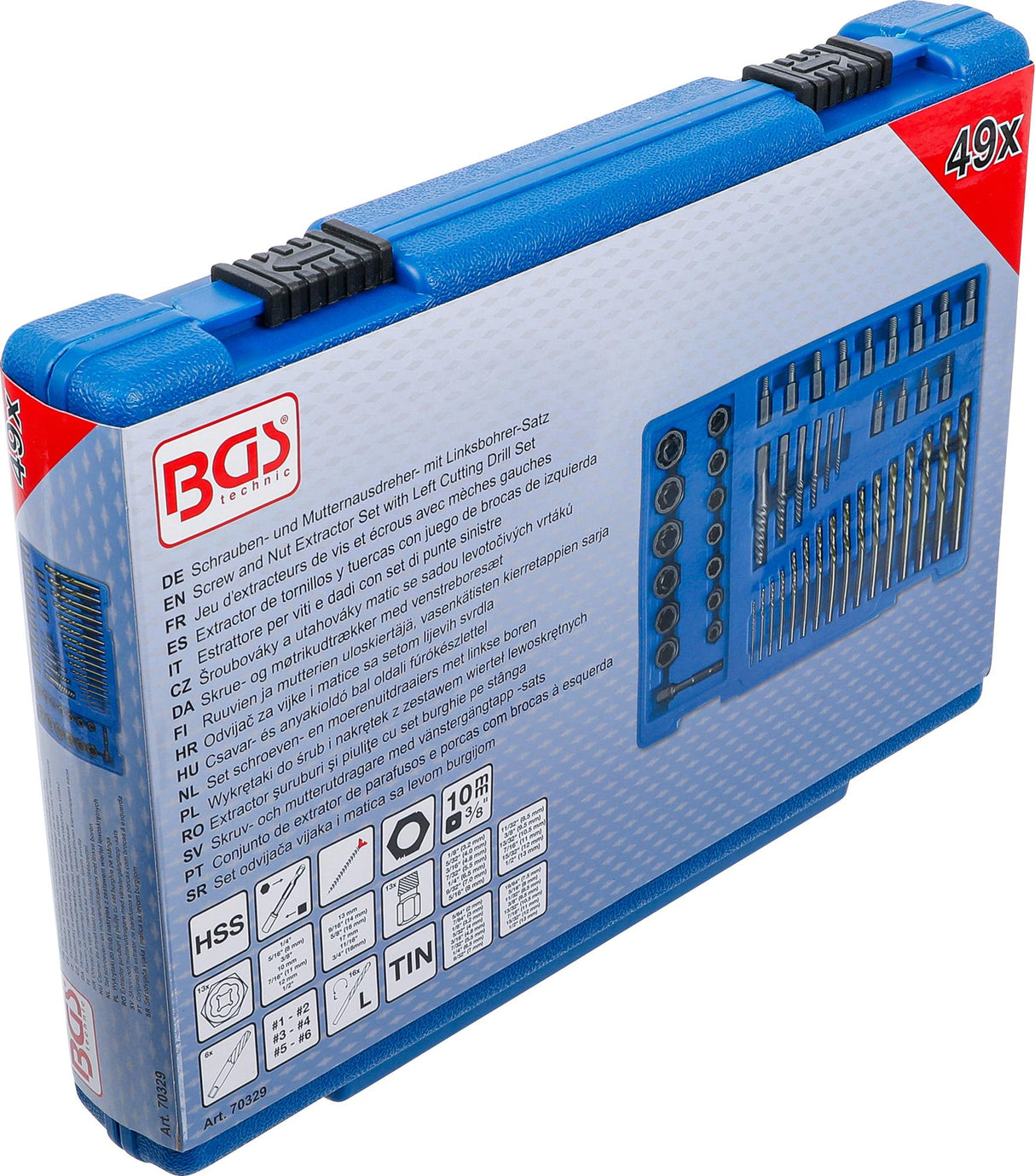 Varžtų ir veržlių ištraukimo rinkinys su kairiojo pjovimo grąžto komplektu | 2 - 18 mm | 49 vnt. (70329)