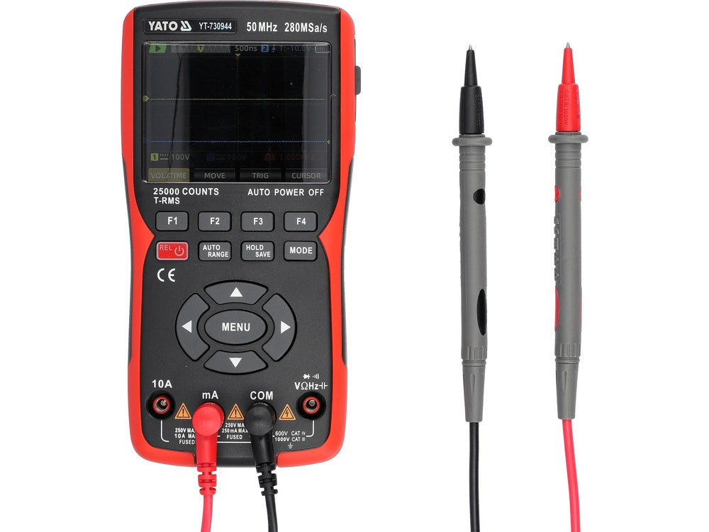 2 kanalų 50 MHz osciloskopas su multimetru ir signalų generatoriumi | 280 MSa/s, TRUE RMS (YT-730944)