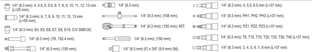 Galvučių su terkšle rinkinys | 6.3 mm (1/4") | 56 vnt. (58643)
