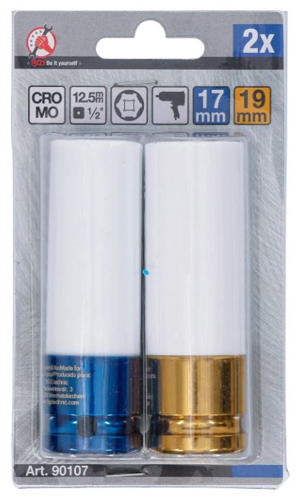 Plonasienių smūginių galvučių rinkinys su apsaugom | 12,5 mm (1/2") | 17/19 mm | 2 vnt (90107)