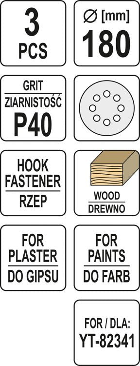 Šlifavimo popierius {velcro) apvalus | su skylėm | 180 mm / P40 | 3 vnt. (YT-83460)
