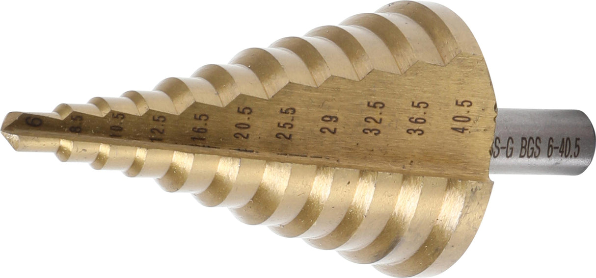 Grąžtas skylės platinimui pakopinis | pusiniai numeriai | Titano nitrindas | Ø 6 - 40,5 mm (1615)