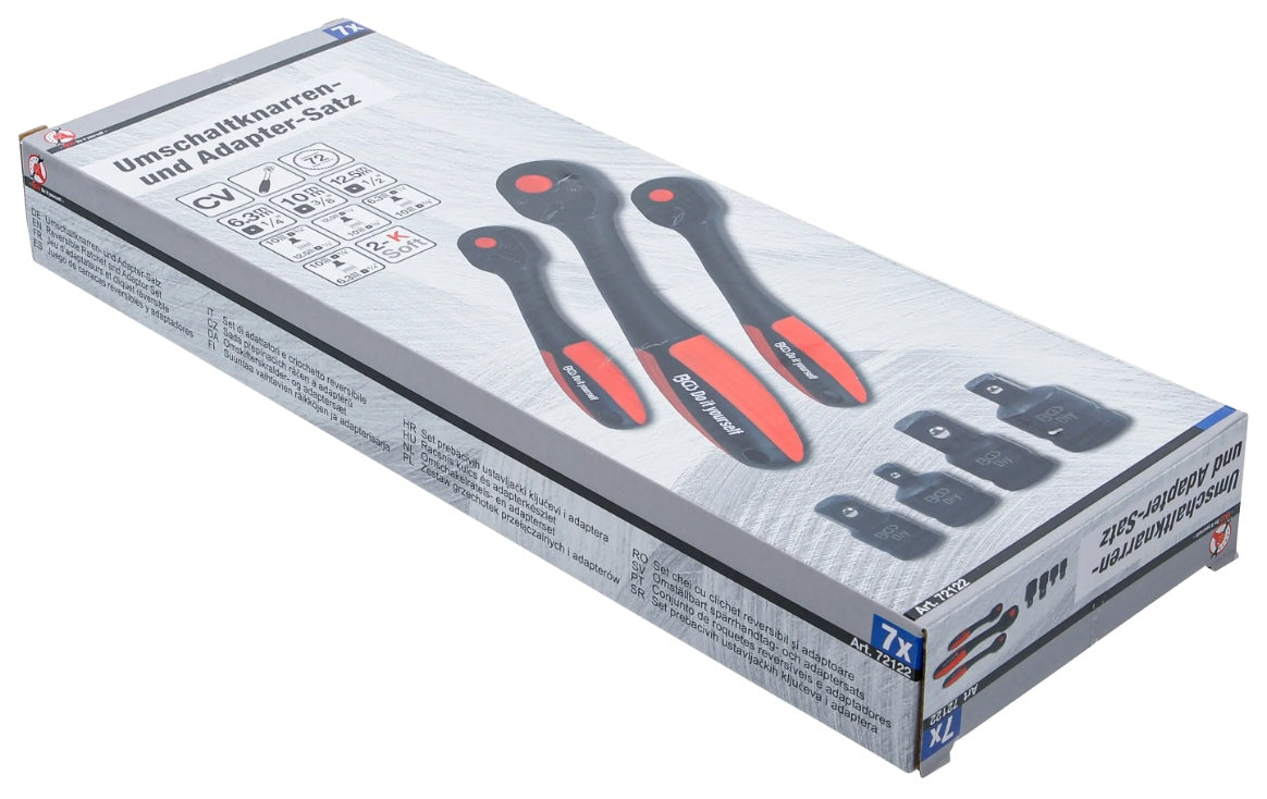 Reversinių terkšlių rinkinys su adapteriais | 6.3 mm (1/4") - 10 mm (3/8") - 12.5 mm (1/2") | 7 vnt (72122)
