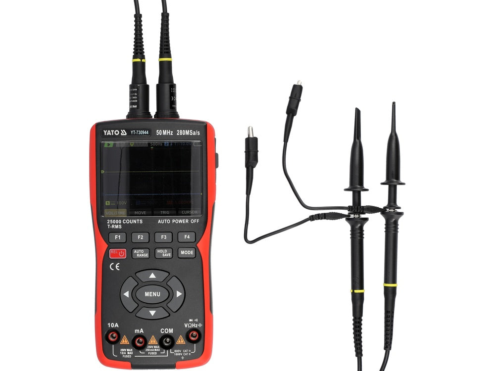 2 kanalų 50 MHz osciloskopas su multimetru ir signalų generatoriumi | 280 MSa/s, TRUE RMS (YT-730944)