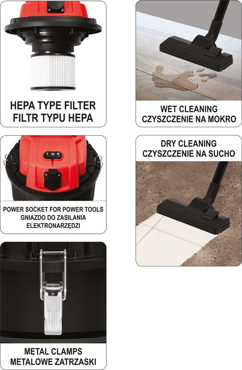 Dulkių siurblys pramoninis | drėgna ir sausa funkcija | 1400/2000 W / 30 l (YT-85701)