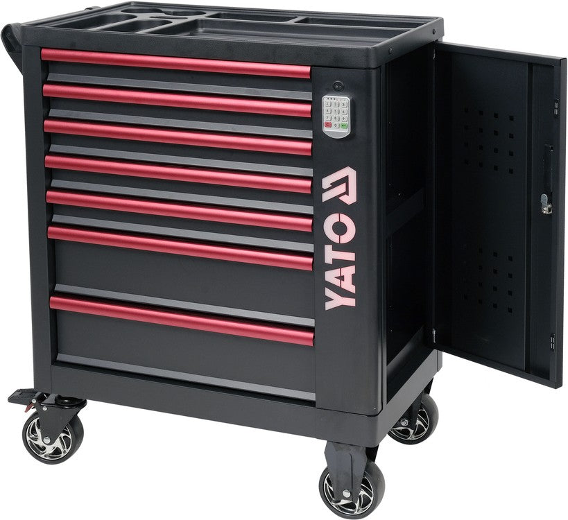 Įrankių spintelė ant ratukų | 7 stalčiai | 1 šoninės durys | kodinis užraktas | Led apšvietimas (YT-09004)