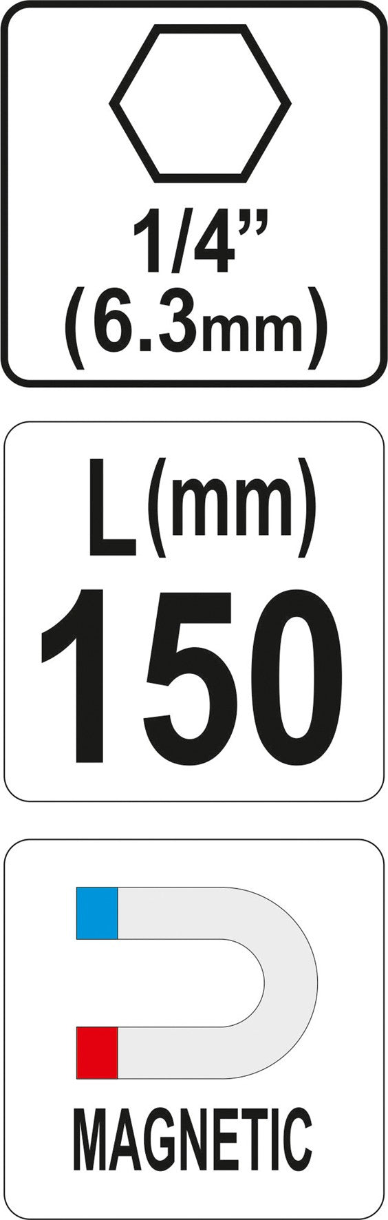 Antgalių laikiklis magnetinis ilgas | 6,3 mm (1/4") | 150 mm (YT-04681)