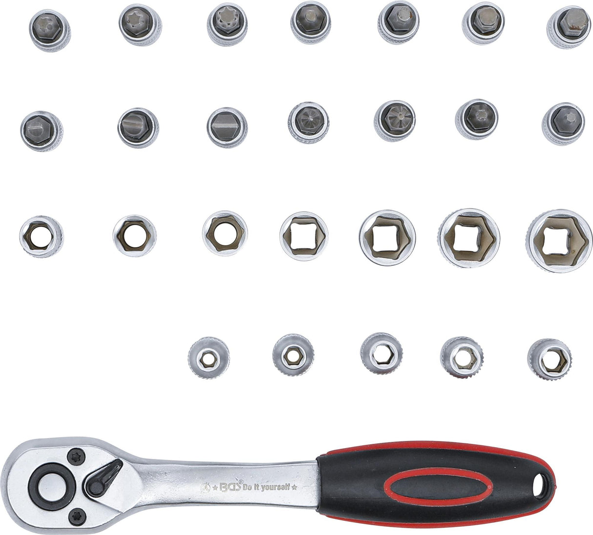 Galvučių ir antgalių rinkinys su terkšle | 6.3 mm (1/4") | 4-13 mm | 27 vnt. (15105)