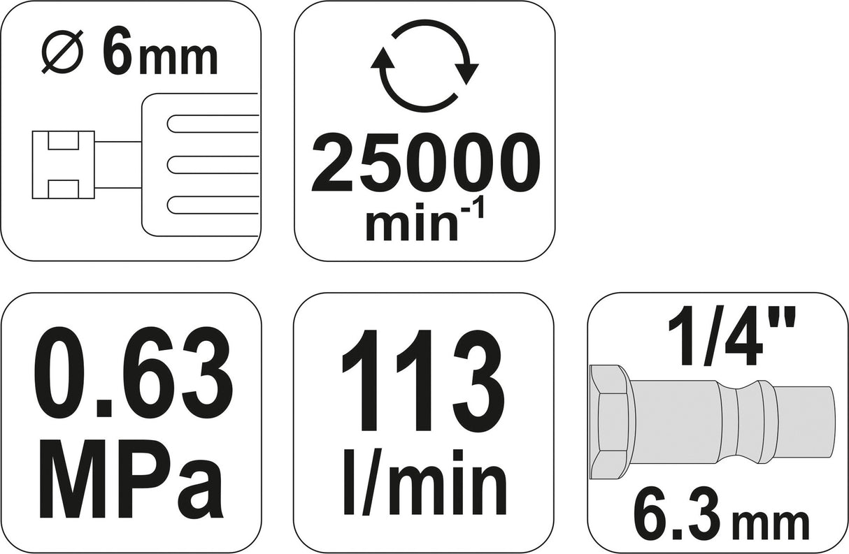 Pneumatinis šlifuoklis 6mm, 25.000 aps/min (YT-09632)