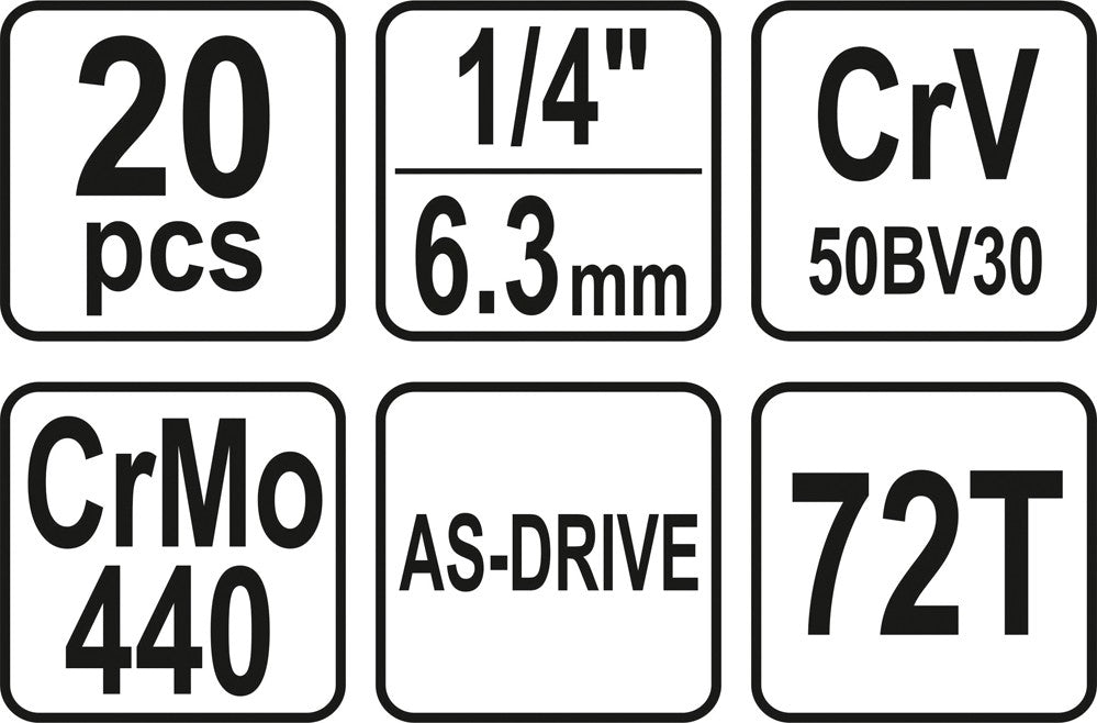 Galvučių su terkšle rinkinys | 6.3 mm (1/4") | 20 vnt. (YT-14491)