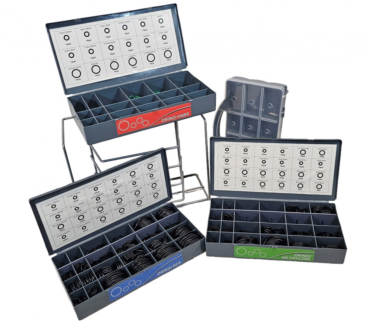 Įvairių guminių tarpinių-manžetų rinkinys su stovu (metrinės, colinės, žalios) 900 vnt (8045-900)